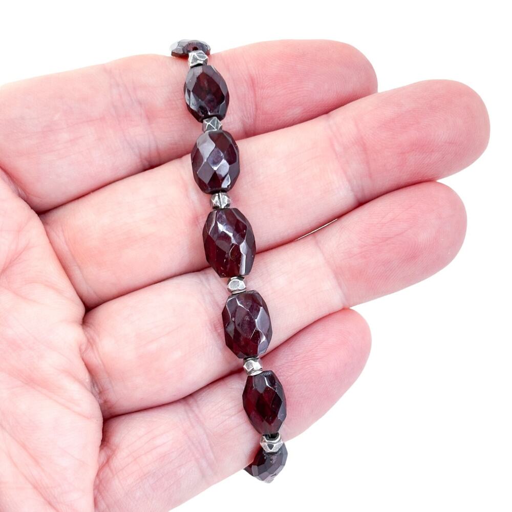 Vintage Sterling Silver 925 Faceted Garnet Bead Bracelet with Heart Charm 8"